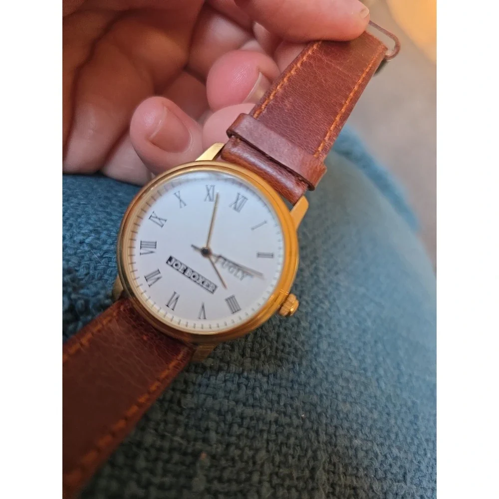 Joe Boxer Watch Brown Leather Band Gold Trim Face Good Bad Ugly Vintage